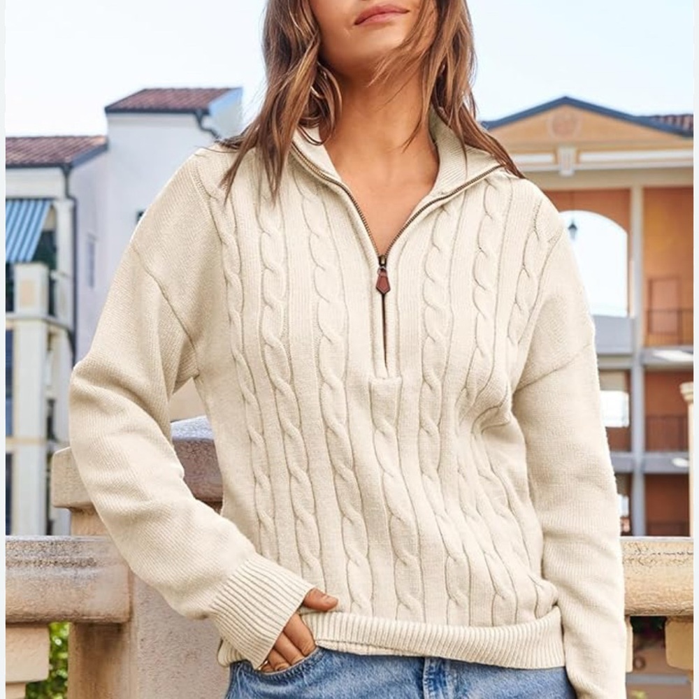 Dokotoo Women medium Sweater  Fall Winter Quarter Zip Casual Ribbed cream Crew